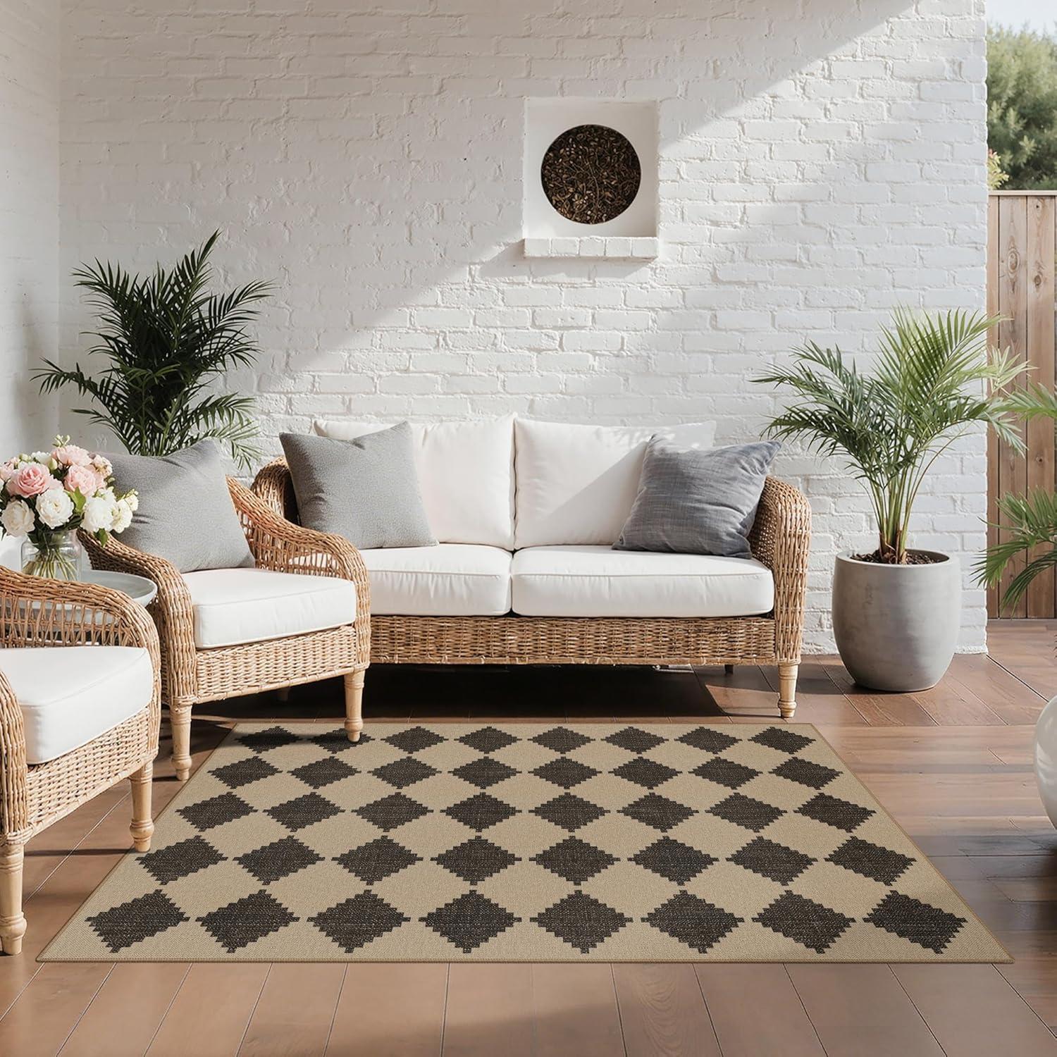 imageGENIMO Indoor Outdoor Area Rug 5x8 Checkered Easy Jute Rug Machine Washable EasyCleaning Non Slip Plaid Outdoor Carpet for Patio Living Room Backyard Porch Deck BalconyZigzag Diamond