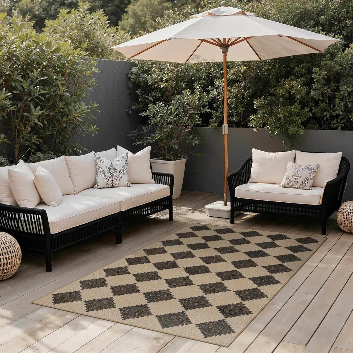 imageGENIMO Indoor Outdoor Area Rug 5x8 Checkered Easy Jute Rug Machine Washable EasyCleaning Non Slip Plaid Outdoor Carpet for Patio Living Room Backyard Porch Deck BalconyZigzag Diamond