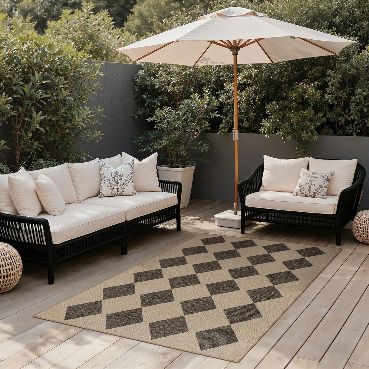imageGENIMO Indoor Outdoor Area Rug 5x8 Checkered Easy Jute Rug Machine Washable EasyCleaning Non Slip Plaid Outdoor Carpet for Patio Living Room Backyard Porch Deck BalconySmooth Diamond