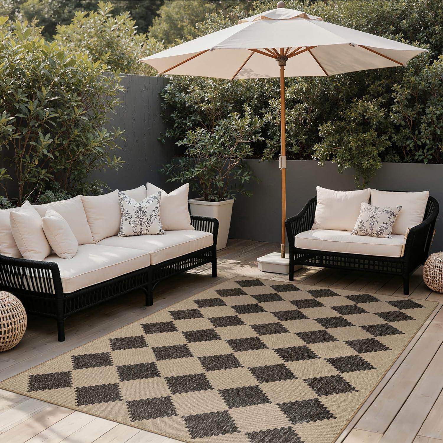 imageGENIMO Indoor Outdoor Area Rug 5x8 Checkered Easy Jute Rug Machine Washable EasyCleaning Non Slip Plaid Outdoor Carpet for Patio Living Room Backyard Porch Deck BalconyZigzag Diamond