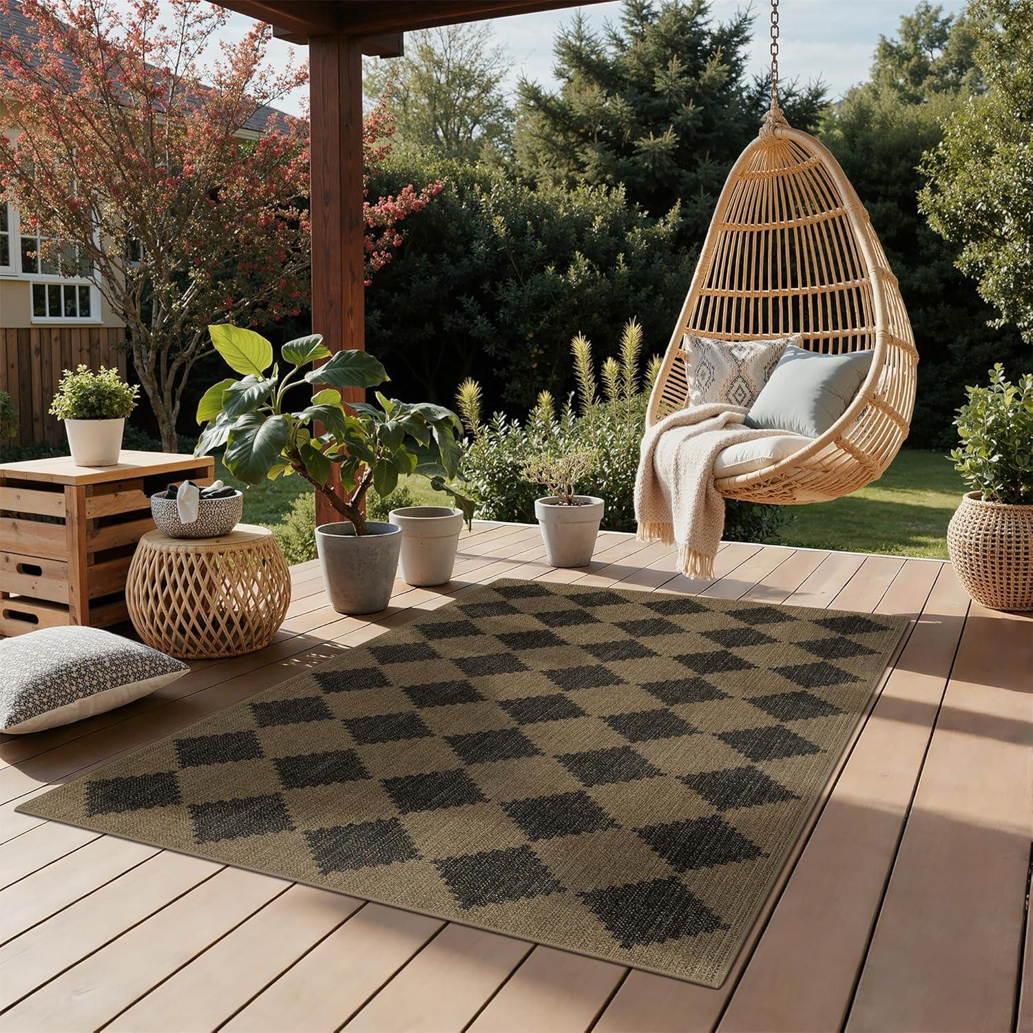imageGENIMO Indoor Outdoor Area Rug 5x8 Checkered Easy Jute Rug Machine Washable EasyCleaning Non Slip Plaid Outdoor Carpet for Patio Living Room Backyard Porch Deck BalconyDiamond Brown