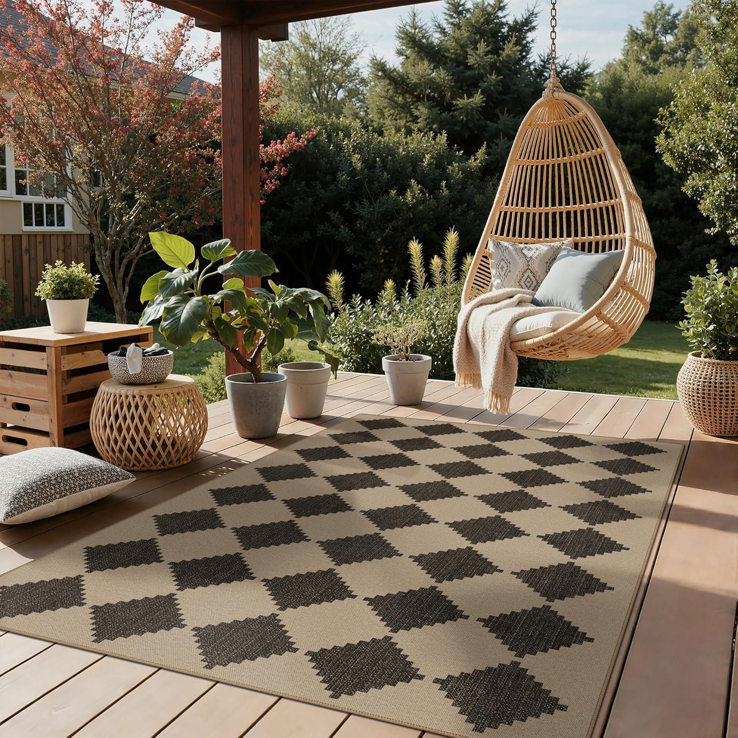 imageGENIMO Indoor Outdoor Area Rug 5x8 Checkered Easy Jute Rug Machine Washable EasyCleaning Non Slip Plaid Outdoor Carpet for Patio Living Room Backyard Porch Deck BalconyZigzag Diamond