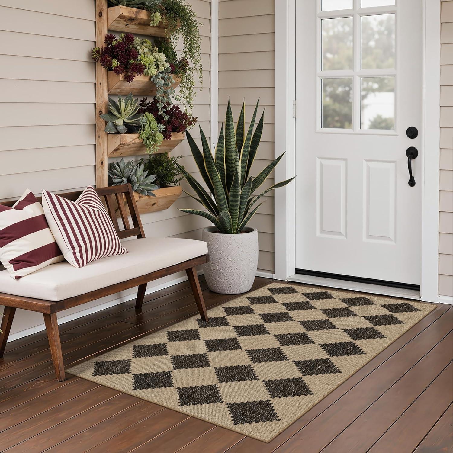 imageGENIMO Indoor Outdoor Area Rug 5x8 Checkered Easy Jute Rug Machine Washable EasyCleaning Non Slip Plaid Outdoor Carpet for Patio Living Room Backyard Porch Deck BalconyZigzag Diamond