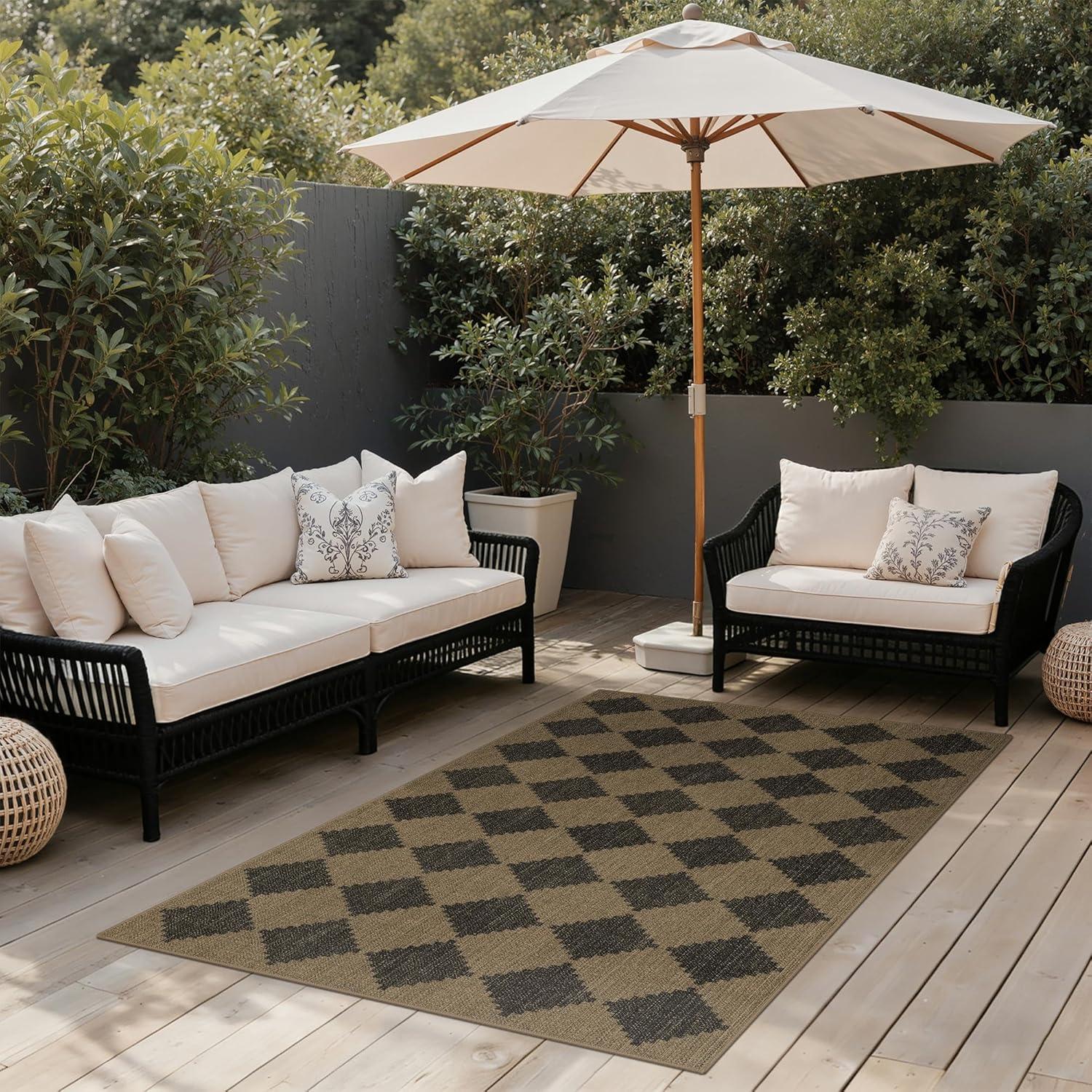 imageGENIMO Indoor Outdoor Area Rug 5x8 Checkered Easy Jute Rug Machine Washable EasyCleaning Non Slip Plaid Outdoor Carpet for Patio Living Room Backyard Porch Deck BalconyDiamond Brown