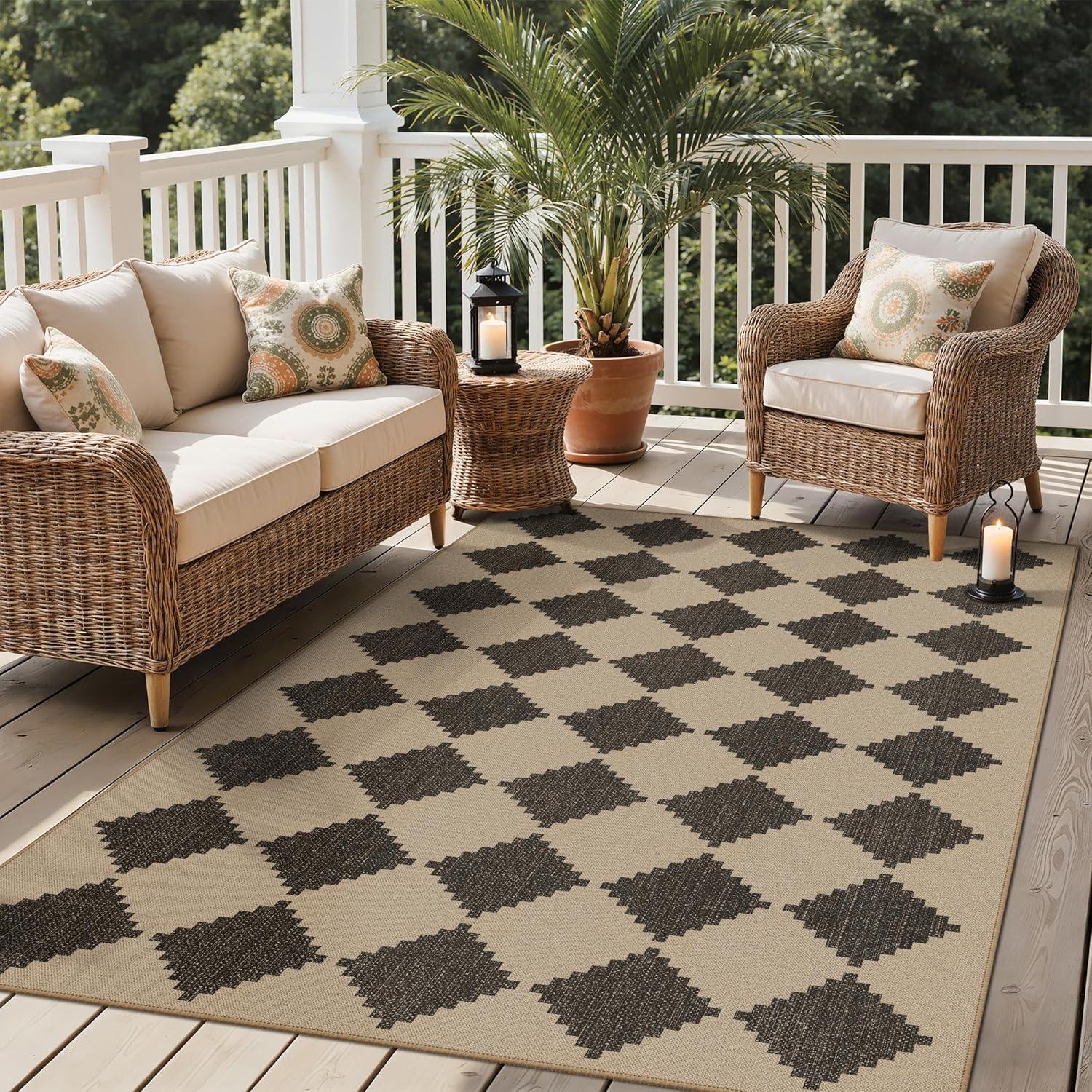 imageGENIMO Indoor Outdoor Area Rug 5x8 Checkered Easy Jute Rug Machine Washable EasyCleaning Non Slip Plaid Outdoor Carpet for Patio Living Room Backyard Porch Deck BalconyZigzag Diamond