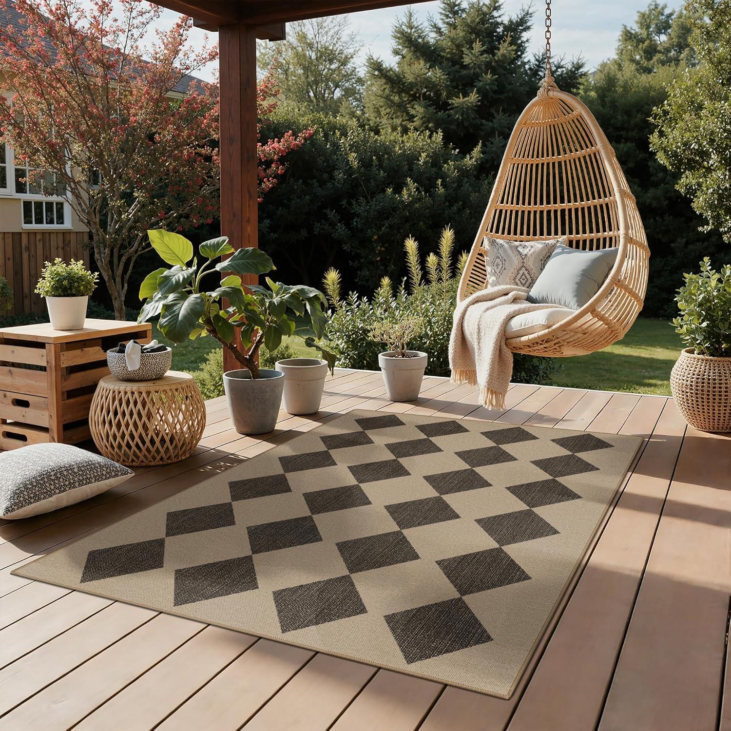imageGENIMO Indoor Outdoor Area Rug 5x8 Checkered Easy Jute Rug Machine Washable EasyCleaning Non Slip Plaid Outdoor Carpet for Patio Living Room Backyard Porch Deck BalconySmooth Diamond