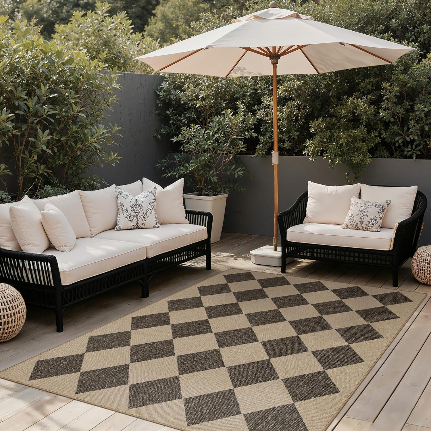 imageGENIMO Indoor Outdoor Area Rug 5x8 Checkered Easy Jute Rug Machine Washable EasyCleaning Non Slip Plaid Outdoor Carpet for Patio Living Room Backyard Porch Deck BalconySmooth Diamond