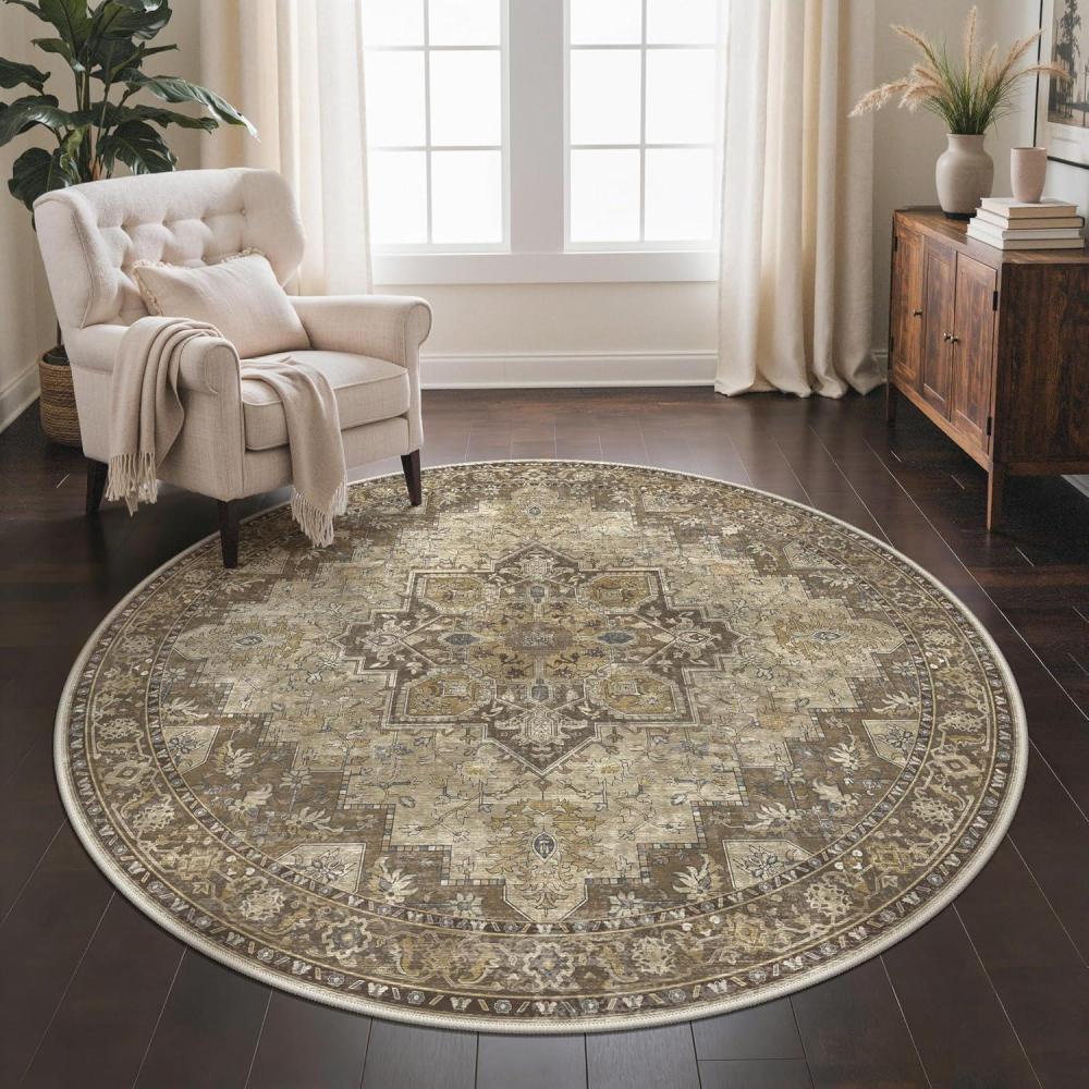 imageGENIMO 5FT Round Area Rugs for Living Room Circle Rugs Machine Washable Low Pile Chenille Non Slip Vintage Rug for Bedroom Dining Room Home Office Charcoal Brown
