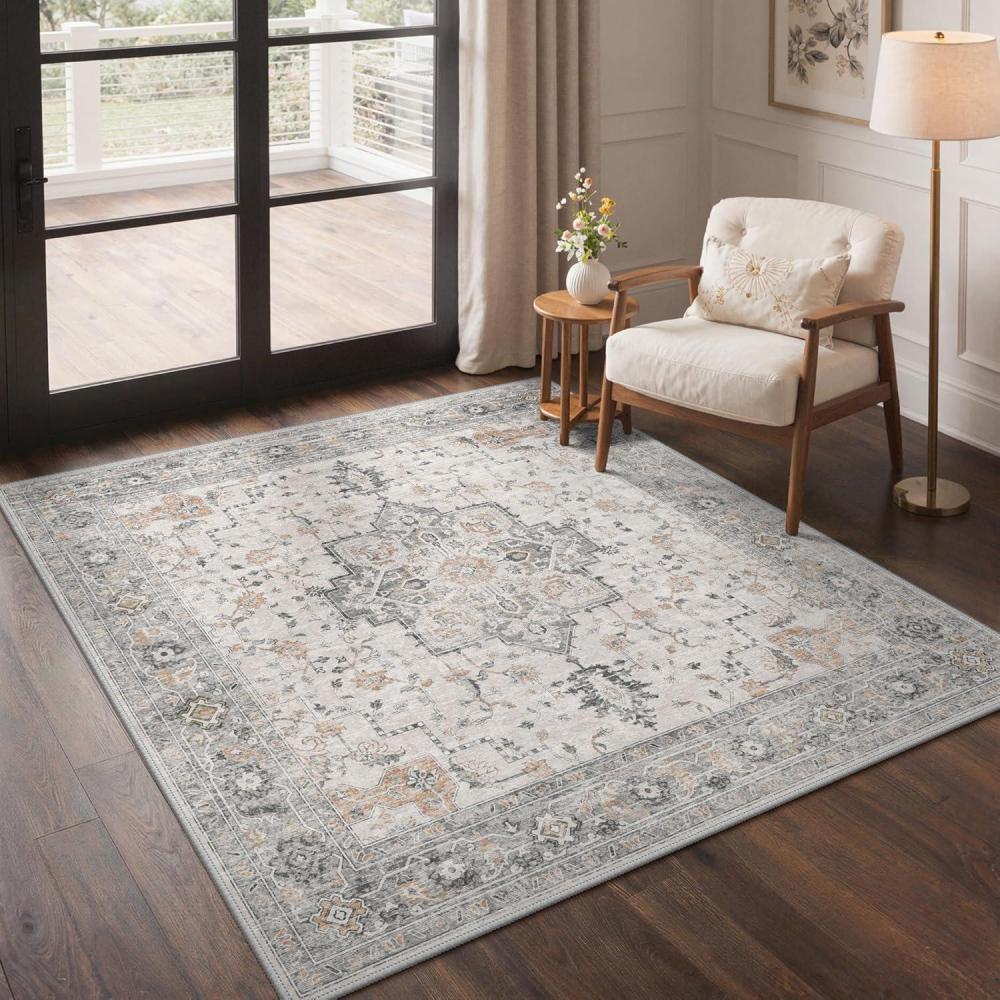 imageGENIMO 5x5 Area Rugs for Living Room Machine Washable Rug Non Slip Indoor Vintage Rug Low Pile Lightweight Chenille Print Carpet for Bedroom Dining Room Home Office Light Taupe Brown