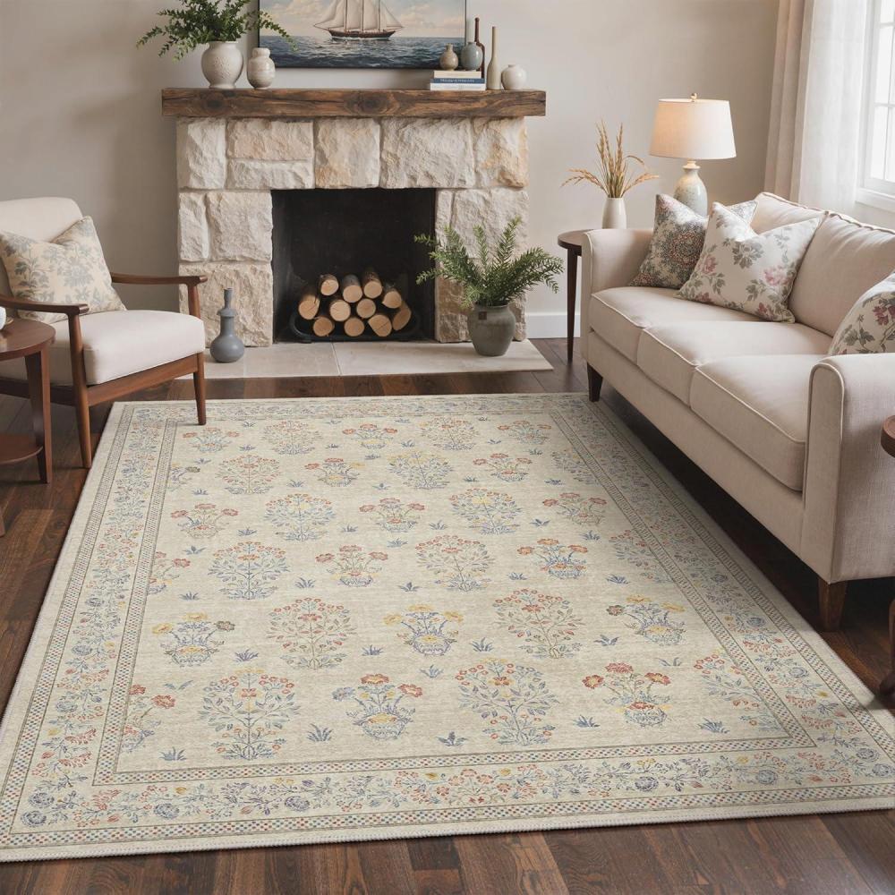 imageGENIMO 5x7 Vintage Floral Area Rug Soft Microfiber Washable Rug with NonSlip Backing Beige Carpet for Living Room Bedroom and Dining RoomBeige