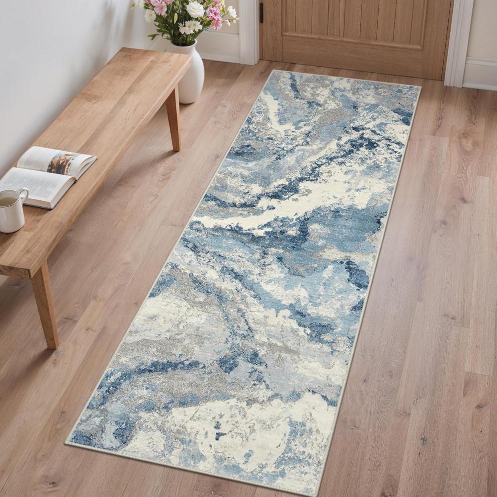 imageGENIMO 5x7 Vintage Floral Area Rug Soft Microfiber Washable Rug with NonSlip Backing Beige Carpet for Living Room Bedroom and Dining RoomBlue Grey