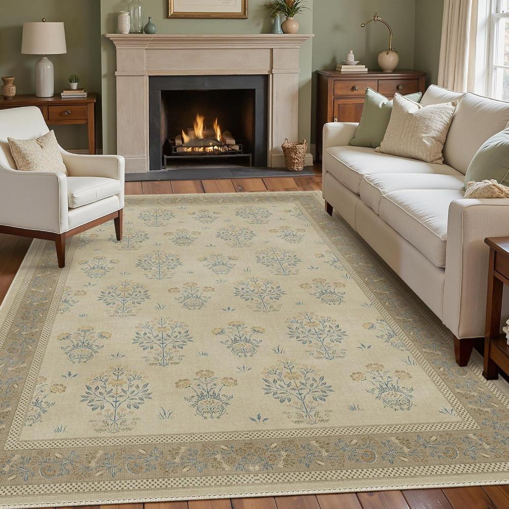 imageGENIMO 5x7 Vintage Floral Area Rug Soft Microfiber Washable Rug with NonSlip Backing Beige Carpet for Living Room Bedroom and Dining RoomBrown Blue
