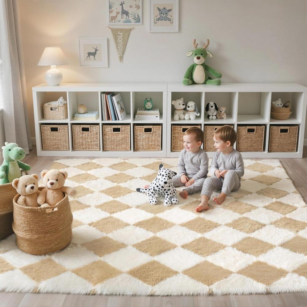 imageGENIMO 5x7 Vintage Floral Area Rug Soft Microfiber Washable Rug with NonSlip Backing Beige Carpet for Living Room Bedroom and Dining RoomCheckeredbeige White