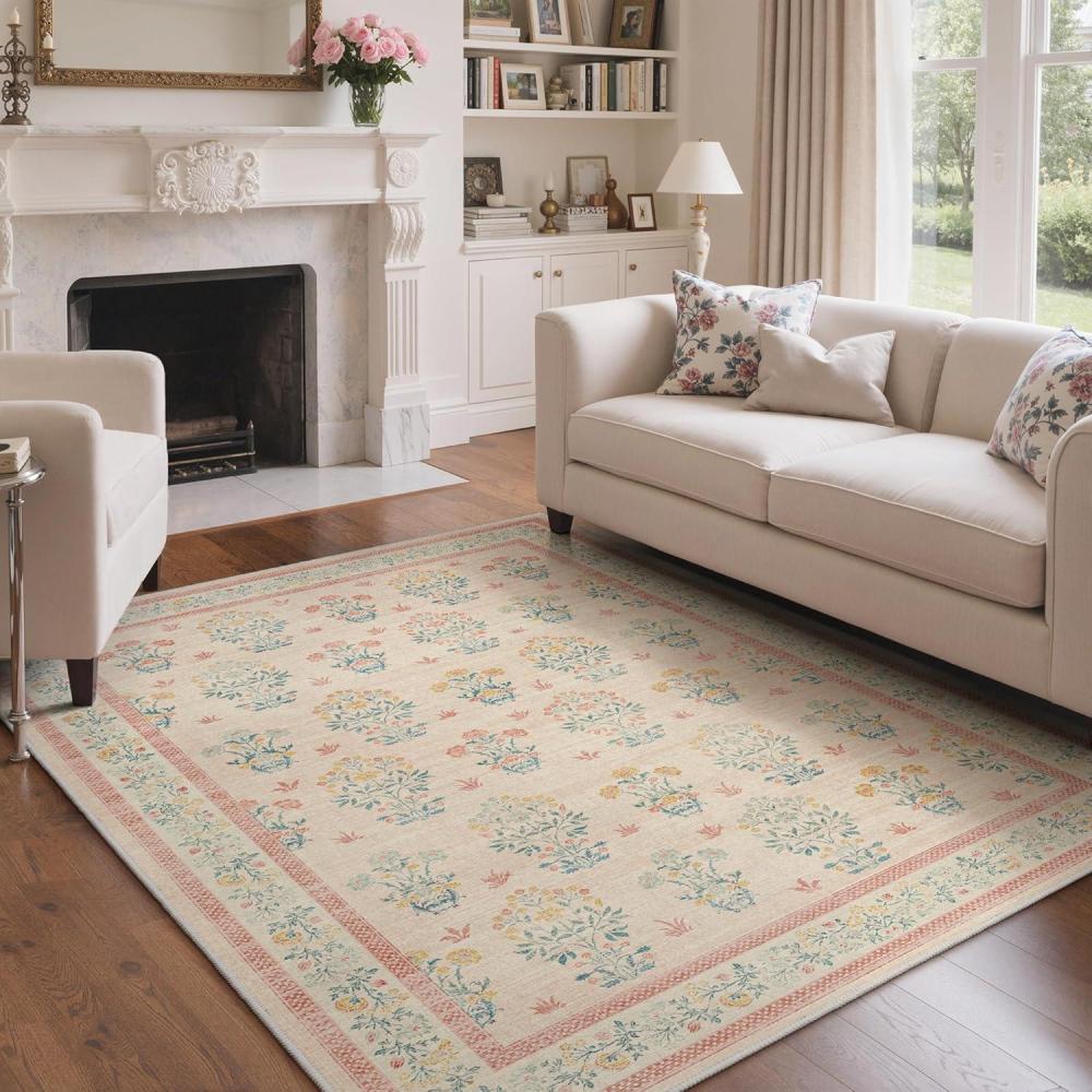 imageGENIMO 5x7 Vintage Floral Area Rug Soft Microfiber Washable Rug with NonSlip Backing Beige Carpet for Living Room Bedroom and Dining RoomPink