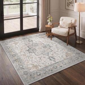 GENIMO 5×5 Area Rugs for Living Room, Machine Washable Rug, Non Slip Indoor Vintage Rug, Low Pile Lightweight Chenille Print Carpet for Bedroom Dining Room Home Office, Light Taupe Brown