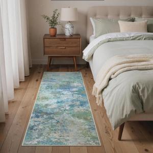 GENIMO 5×7 Vintage Floral Area Rug, Soft Microfiber Washable Rug with Non-Slip Backing, Beige Carpet for Living Room, Bedroom and Dining Room(Aqua Blue)