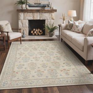 GENIMO 5×7 Vintage Floral Area Rug, Soft Microfiber Washable Rug with Non-Slip Backing, Beige Carpet for Living Room, Bedroom and Dining Room(Beige)