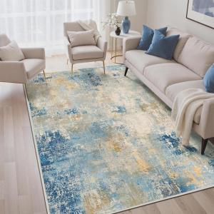 GENIMO 5×7 Vintage Floral Area Rug, Soft Microfiber Washable Rug with Non-Slip Backing, Beige Carpet for Living Room, Bedroom and Dining Room(Blue Ivory)