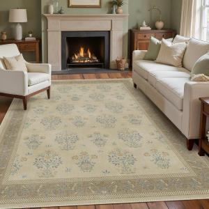 GENIMO 5×7 Vintage Floral Area Rug, Soft Microfiber Washable Rug with Non-Slip Backing, Beige Carpet for Living Room, Bedroom and Dining Room(Brown Blue)