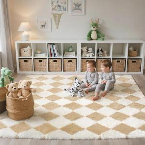 GENIMO 5×7 Vintage Floral Area Rug, Soft Microfiber Washable Rug with Non-Slip Backing, Beige Carpet for Living Room, Bedroom and Dining Room(Checkered-beige White)