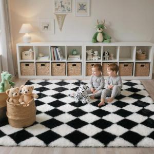 GENIMO 5×7 Vintage Floral Area Rug, Soft Microfiber Washable Rug with Non-Slip Backing, Beige Carpet for Living Room, Bedroom and Dining Room(Checkered-black White)