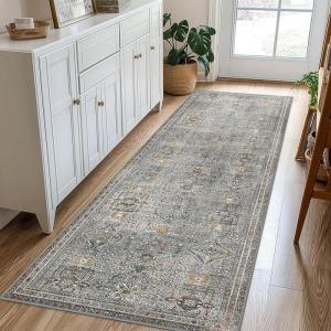 GENIMO 5×7 Vintage Floral Area Rug, Soft Microfiber Washable Rug with Non-Slip Backing, Beige Carpet for Living Room, Bedroom and Dining Room(French Grey)