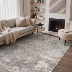 GENIMO 5×7 Vintage Floral Area Rug, Soft Microfiber Washable Rug with Non-Slip Backing, Beige Carpet for Living Room, Bedroom and Dining Room(Light Grey Brown)