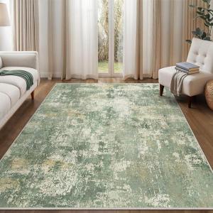 GENIMO 5×7 Vintage Floral Area Rug, Soft Microfiber Washable Rug with Non-Slip Backing, Beige Carpet for Living Room, Bedroom and Dining Room(Olive Green)
