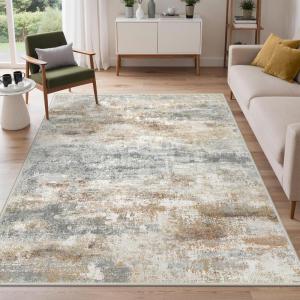GENIMO 5×7 Vintage Floral Area Rug, Soft Microfiber Washable Rug with Non-Slip Backing, Beige Carpet for Living Room, Bedroom and Dining Room(Silver Tan)