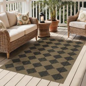 GENIMO Indoor Outdoor Area Rug 5’x8′, Checkered Easy Jute Rug Machine Washable, Easy-Cleaning, Non Slip Plaid Outdoor Carpet for Patio, Living Room, Backyard, Porch, Deck, Balcony(Diamond Brown)
