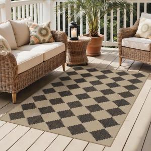 GENIMO Indoor Outdoor Area Rug 5’x8′, Checkered Easy Jute Rug Machine Washable, Easy-Cleaning, Non Slip Plaid Outdoor Carpet for Patio, Living Room, Backyard, Porch, Deck, Balcony(Zigzag Diamond)