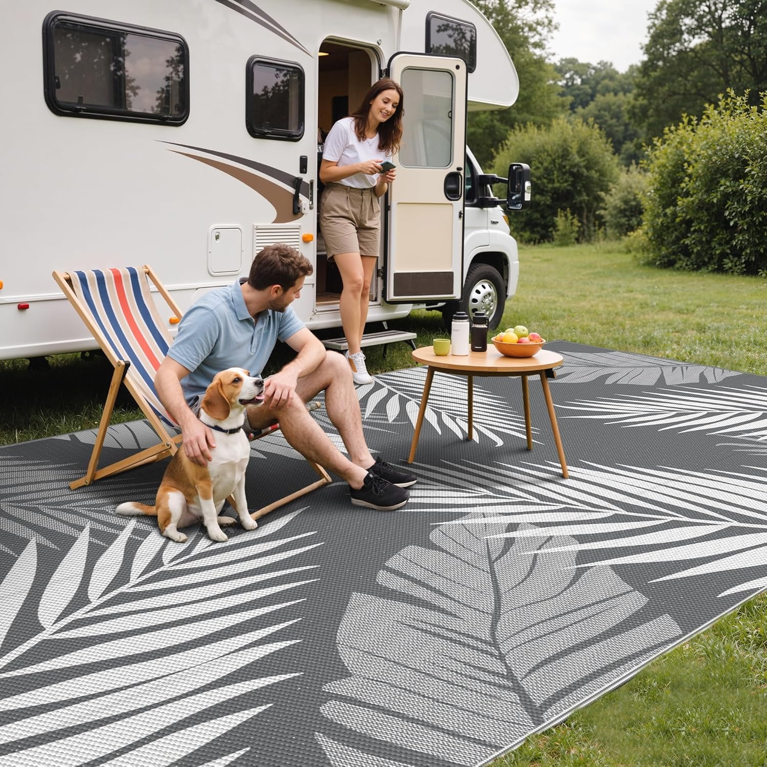 imageGENIMO Outdoor Rug 6 x 9 Waterproof for Patio Clearance Reversible Plastic Straw Camping Mat Lightweight Carpet for Rv Camper Deck Porch Picnic Balcony Beach KBlue amp WhiteGrey White Waterproof