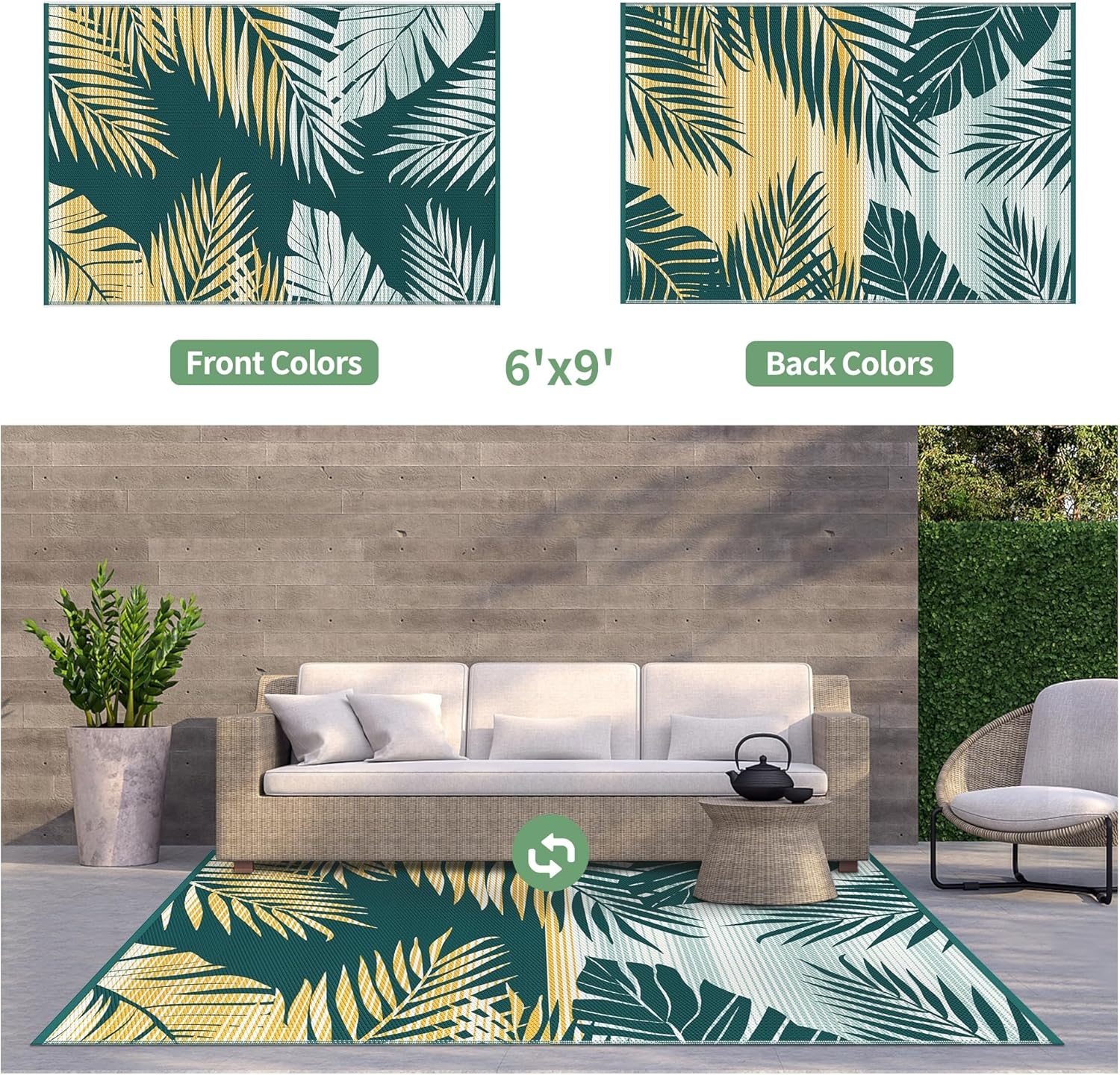 imageGENIMO Outdoor Rug 6 x 9 Waterproof for Patio Clearance Reversible Plastic Straw Camping Mat Lightweight Carpet for Rv Camper Deck Porch Picnic Balcony Beach KBlue amp WhiteYellow Green Waterproof