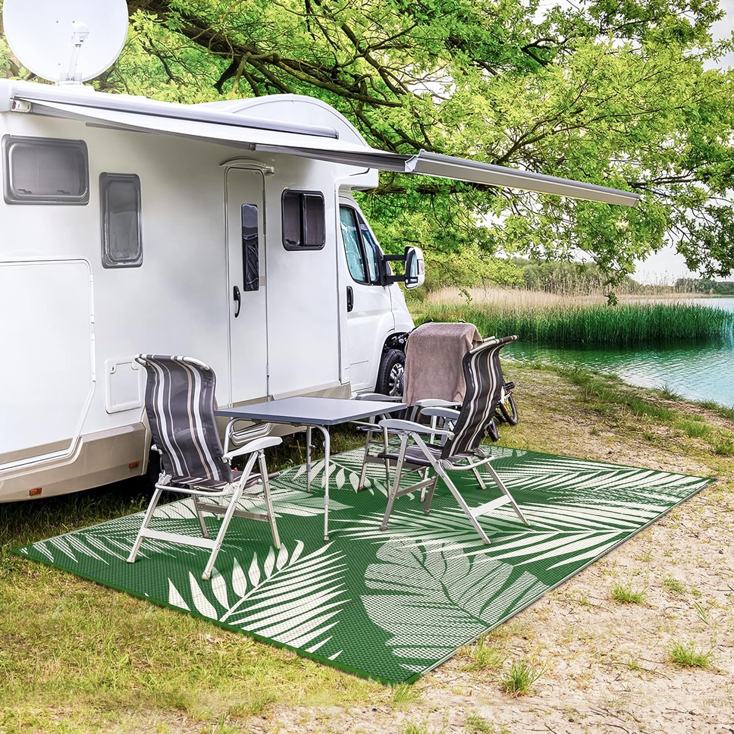imageGENIMO Outdoor Rug 6 x 9 Waterproof for Patio Clearance Reversible Plastic Straw Camping Mat Lightweight Carpet for Rv Camper Deck Porch Picnic Balcony Beach KBlue amp WhiteDarkgreen White Waterproof