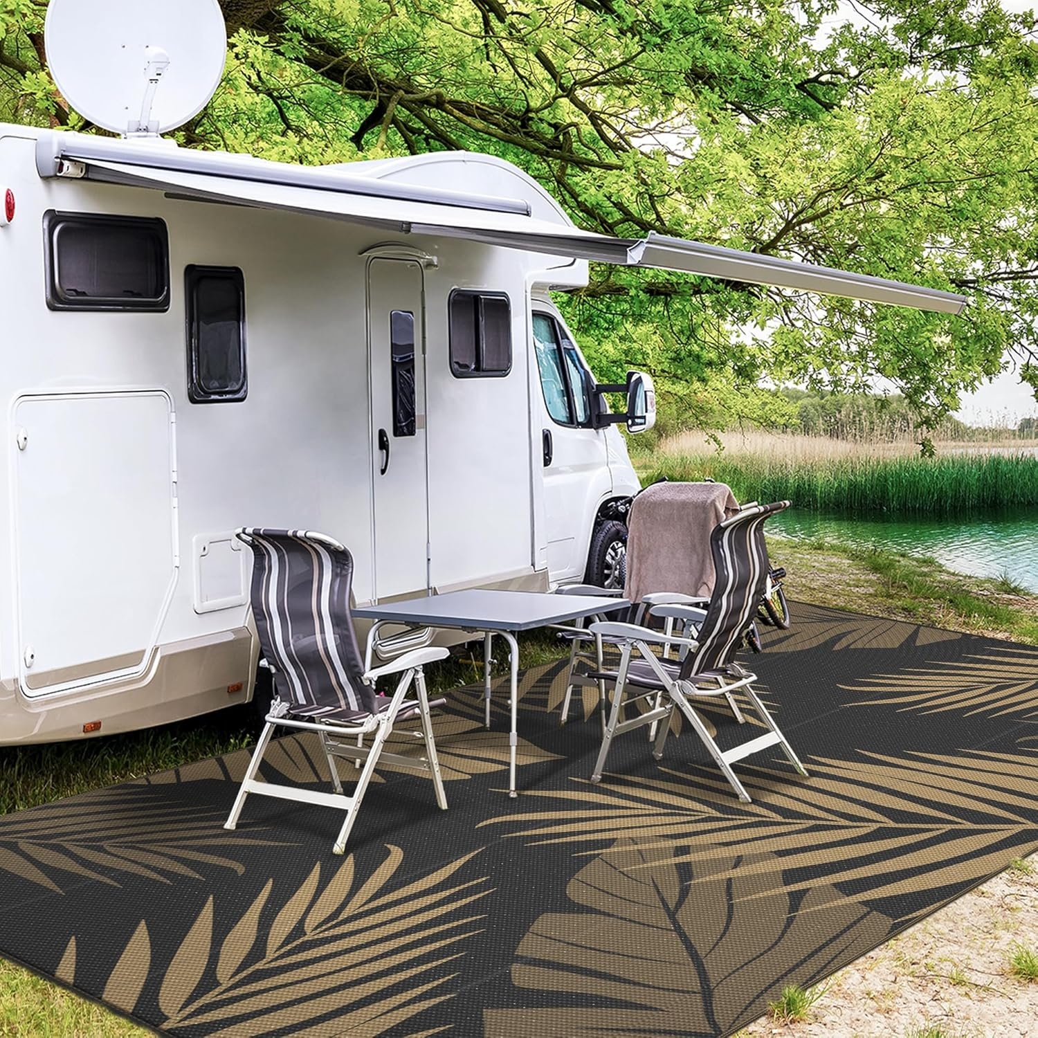 imageGENIMO Outdoor Rug 6 x 9 Waterproof for Patio Clearance Reversible Plastic Straw Camping Mat Lightweight Carpet for Rv Camper Deck Porch Picnic Balcony Beach KBlue amp WhiteBlack Brown Waterproof