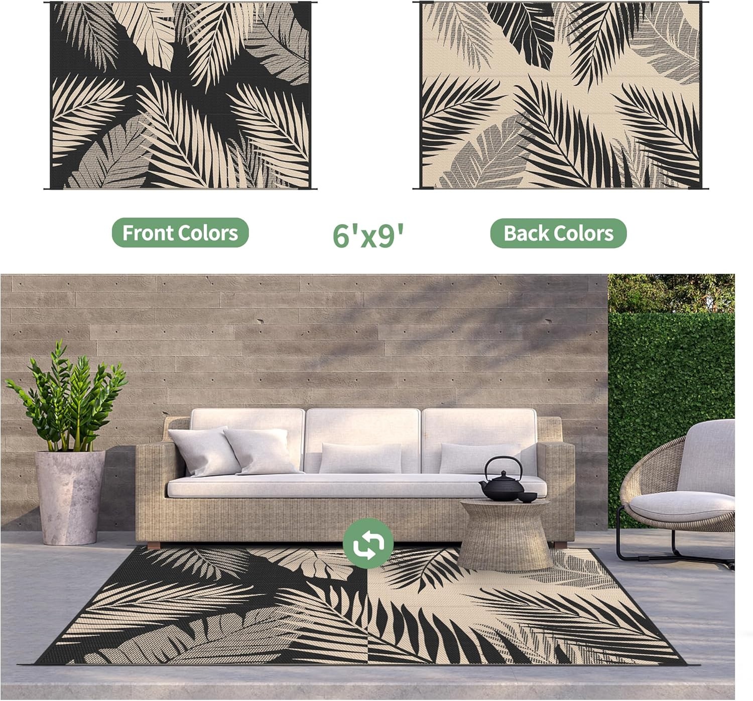 imageGENIMO Outdoor Rug 6 x 9 Waterproof for Patio Clearance Reversible Plastic Straw Camping Mat Lightweight Carpet for Rv Camper Deck Porch Picnic Balcony Beach KBlue amp WhiteBlack Beige Waterproof