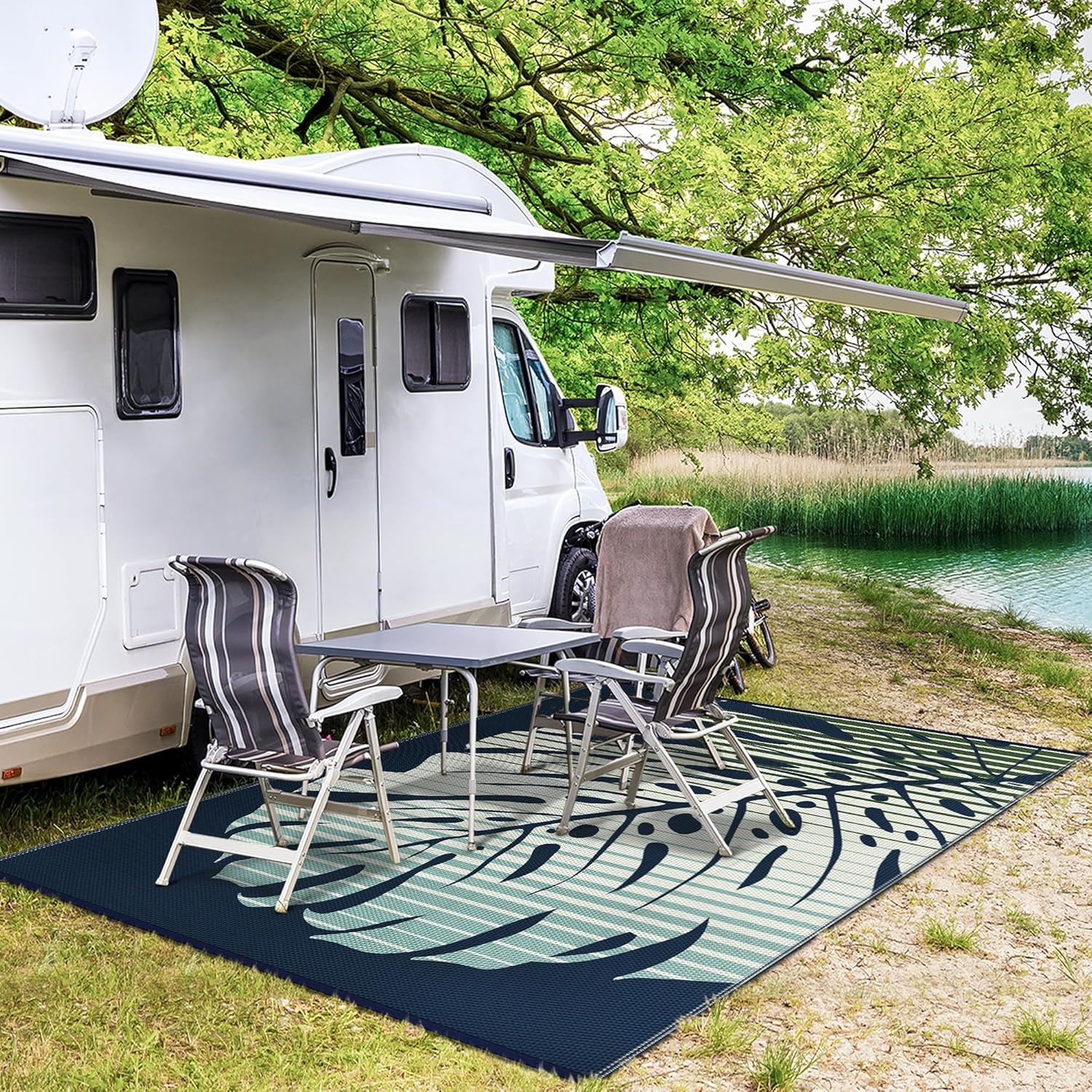 imageGENIMO Outdoor Rug 6 x 9 Waterproof for Patio Clearance Reversible Plastic Straw Camping Mat Lightweight Carpet for Rv Camper Deck Porch Picnic Balcony Beach KBlue amp WhiteJblue Green