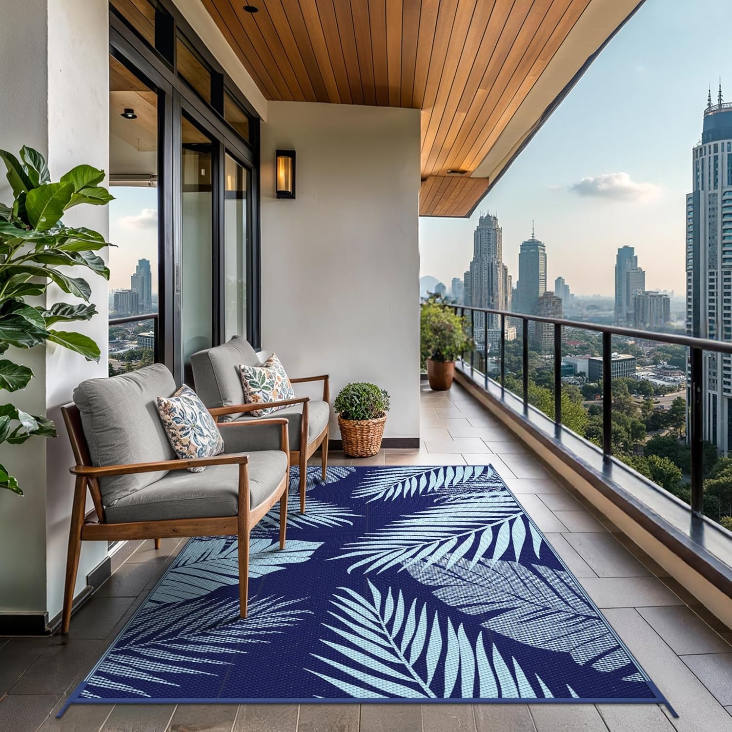 imageGENIMO Outdoor Rug 6 x 9 Waterproof for Patio Clearance Reversible Plastic Straw Camping Mat Lightweight Carpet for Rv Camper Deck Porch Picnic Balcony Beach KBlue amp WhiteNavy Blue Baby Blue Waterproof