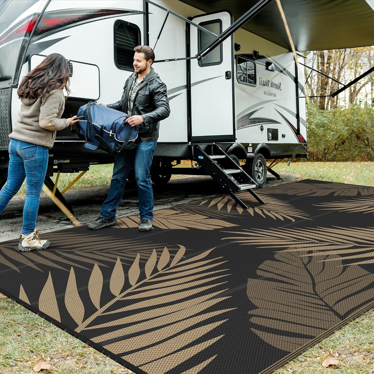 imageGENIMO Outdoor Rug 6 x 9 Waterproof for Patio Clearance Reversible Plastic Straw Camping Mat Lightweight Carpet for Rv Camper Deck Porch Picnic Balcony Beach KBlue amp WhiteBlack Brown Waterproof