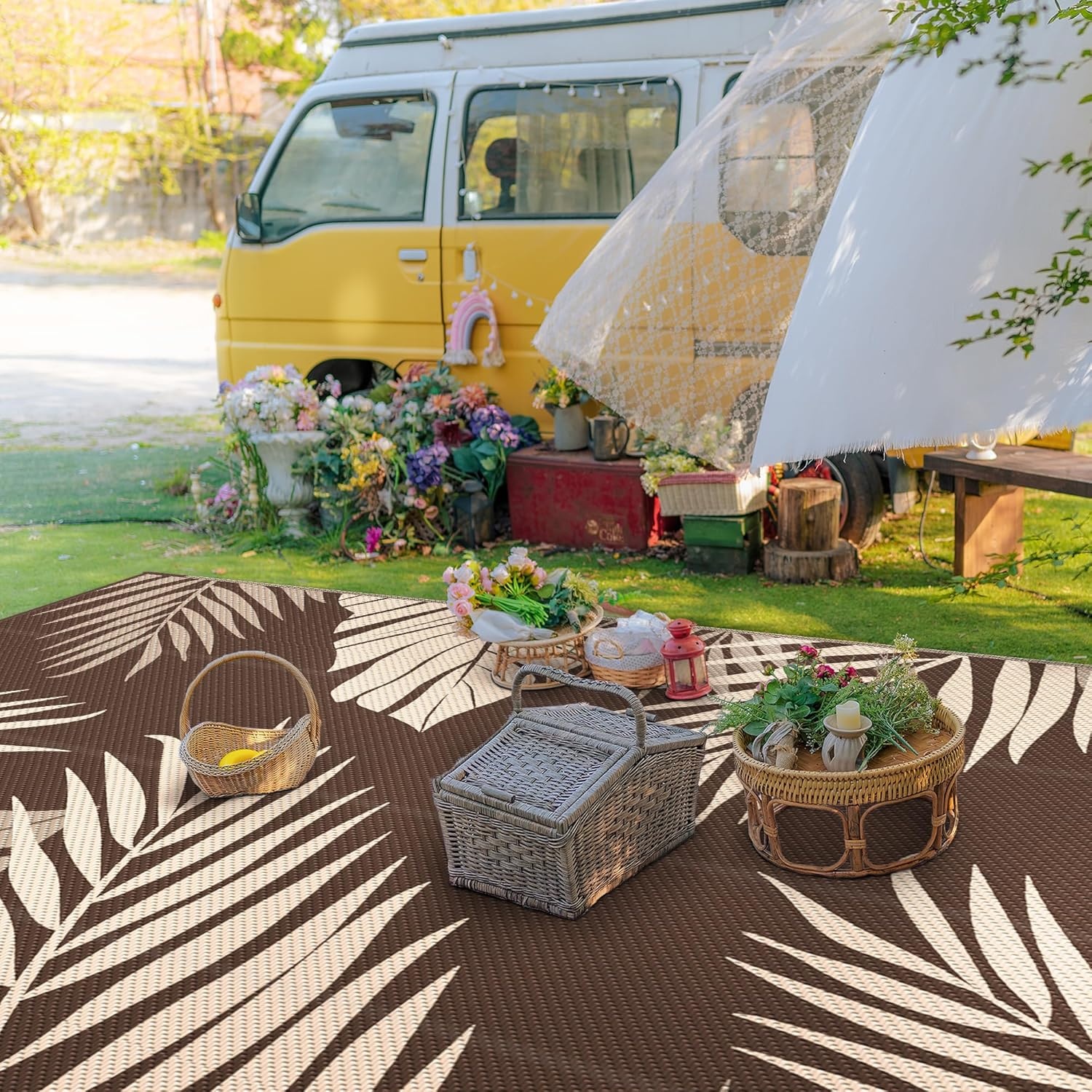 imageGENIMO Outdoor Rug 6 x 9 Waterproof for Patio Clearance Reversible Plastic Straw Camping Mat Lightweight Carpet for Rv Camper Deck Porch Picnic Balcony Beach KBlue amp WhiteCoffee Beige Waterproof