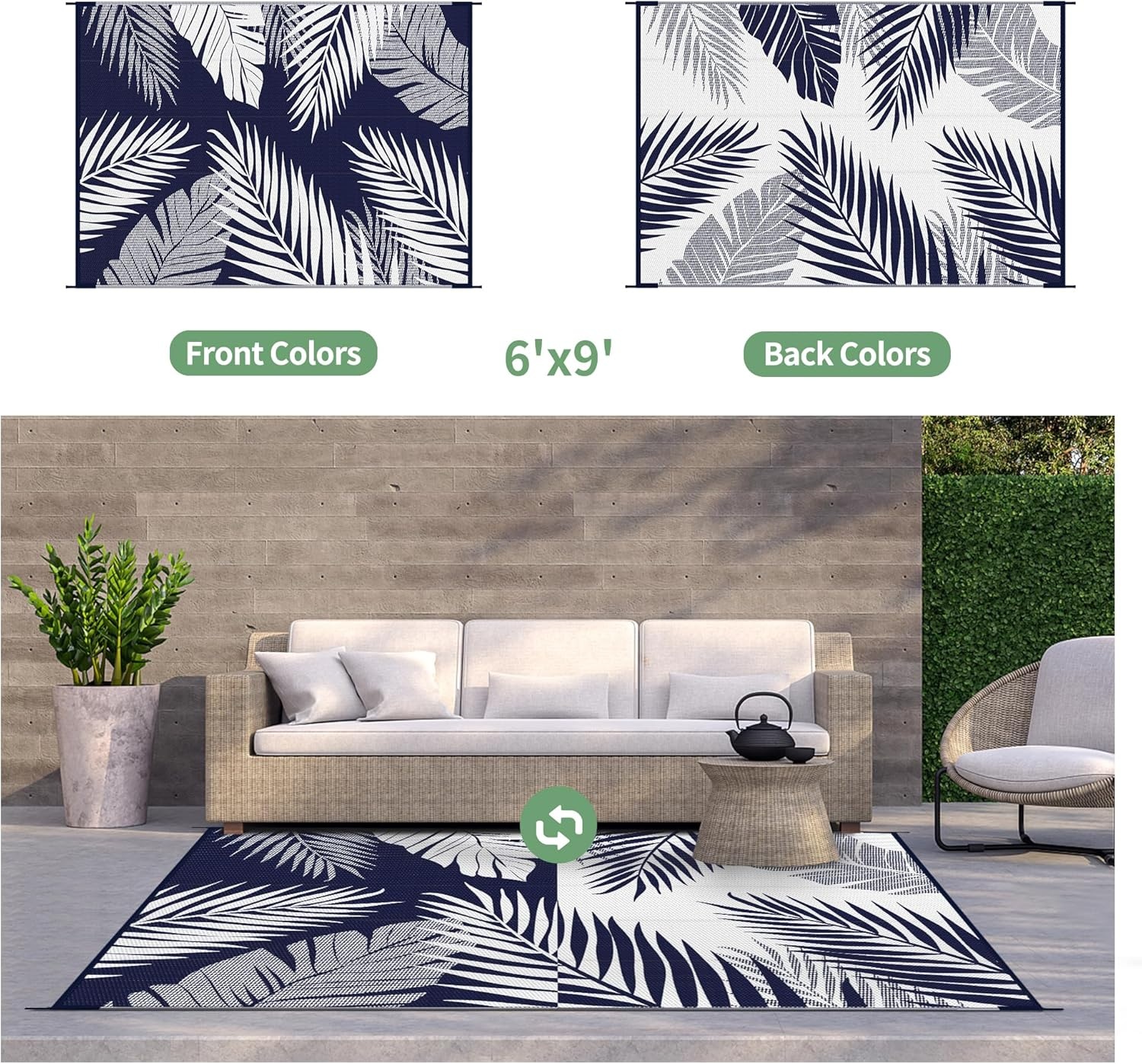 imageGENIMO Outdoor Rug 6 x 9 Waterproof for Patio Clearance Reversible Plastic Straw Camping Mat Lightweight Carpet for Rv Camper Deck Porch Picnic Balcony Beach KBlue amp WhiteNavy Blue White Waterproof