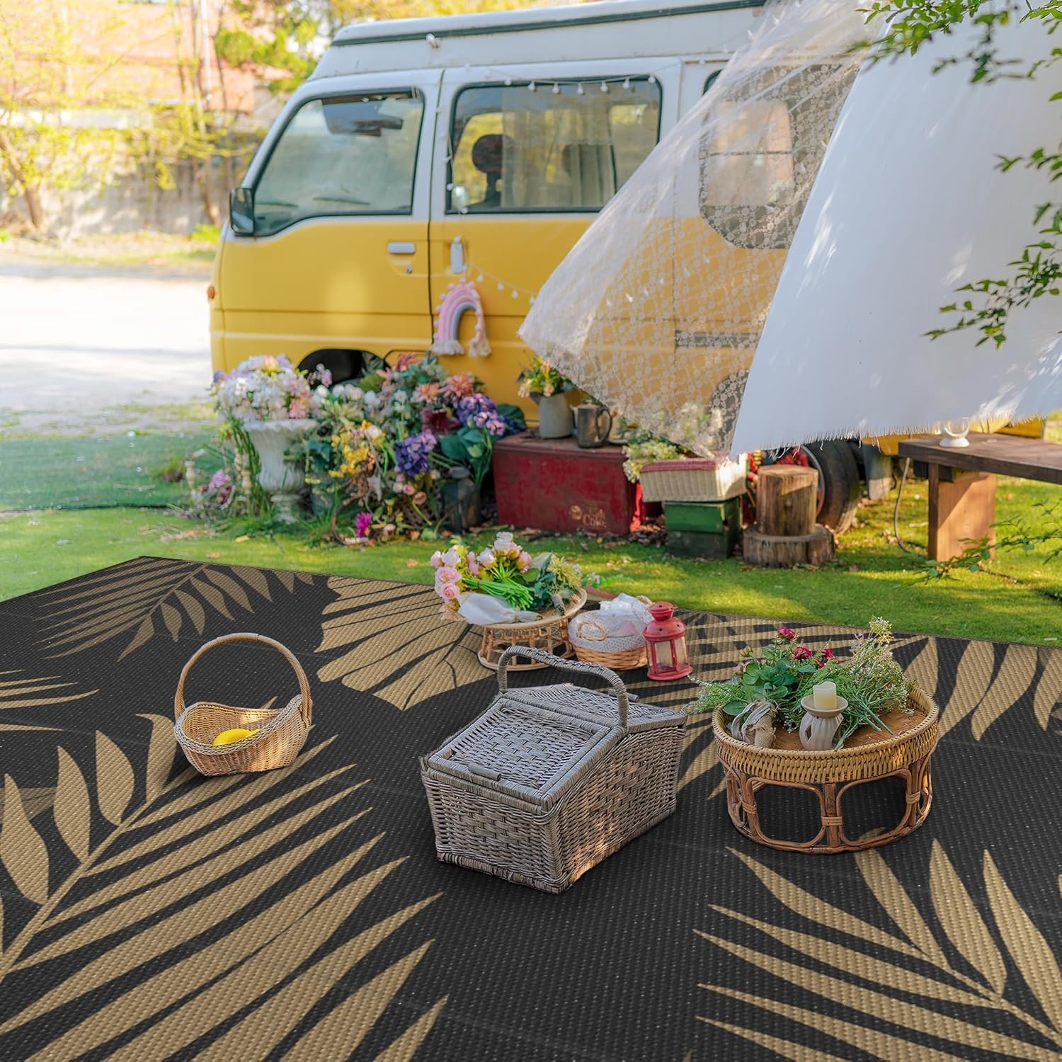 imageGENIMO Outdoor Rug 6 x 9 Waterproof for Patio Clearance Reversible Plastic Straw Camping Mat Lightweight Carpet for Rv Camper Deck Porch Picnic Balcony Beach KBlue amp WhiteBlack Brown Waterproof