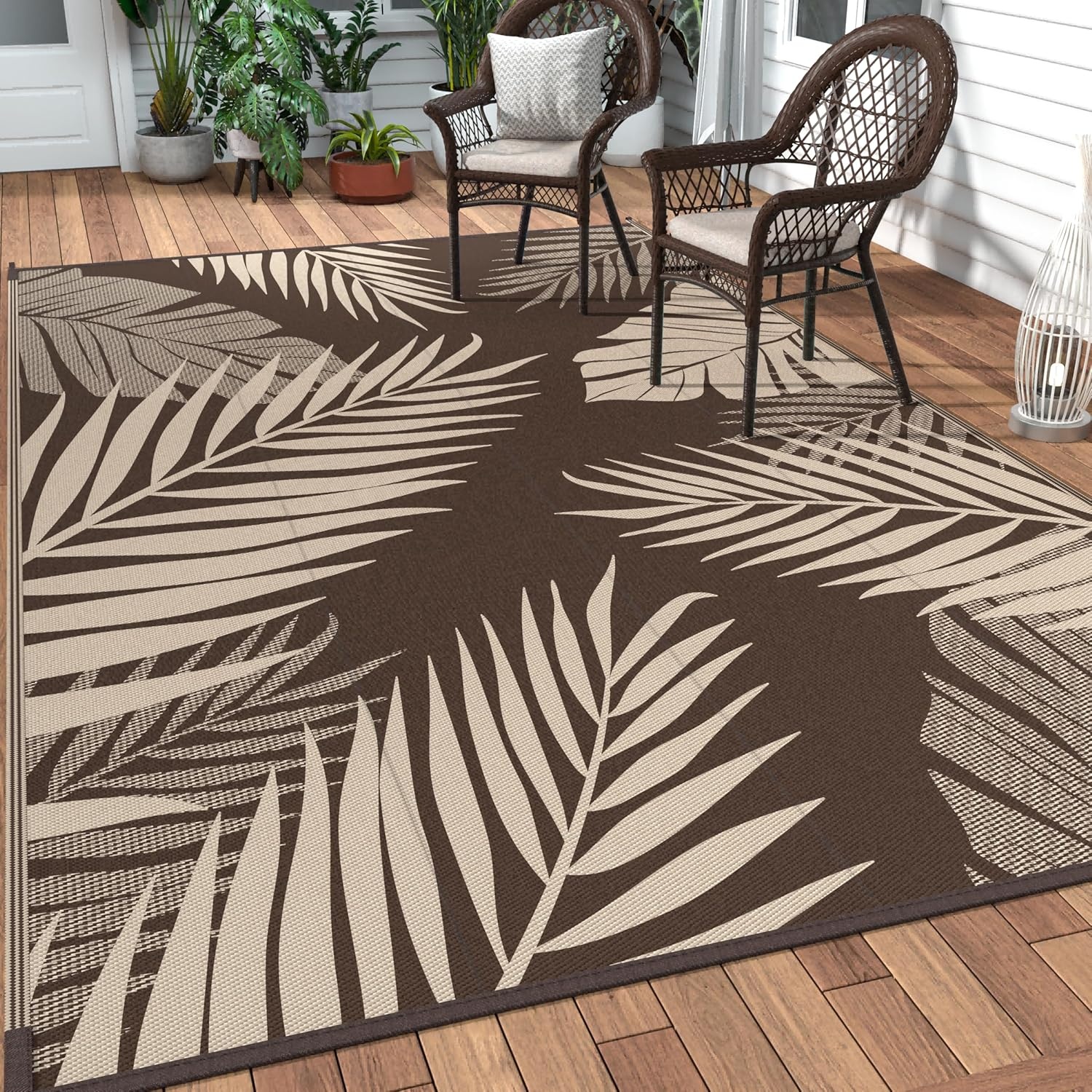 imageGENIMO Outdoor Rug 6 x 9 Waterproof for Patio Clearance Reversible Plastic Straw Camping Mat Lightweight Carpet for Rv Camper Deck Porch Picnic Balcony Beach KBlue amp WhiteCoffee Beige Waterproof
