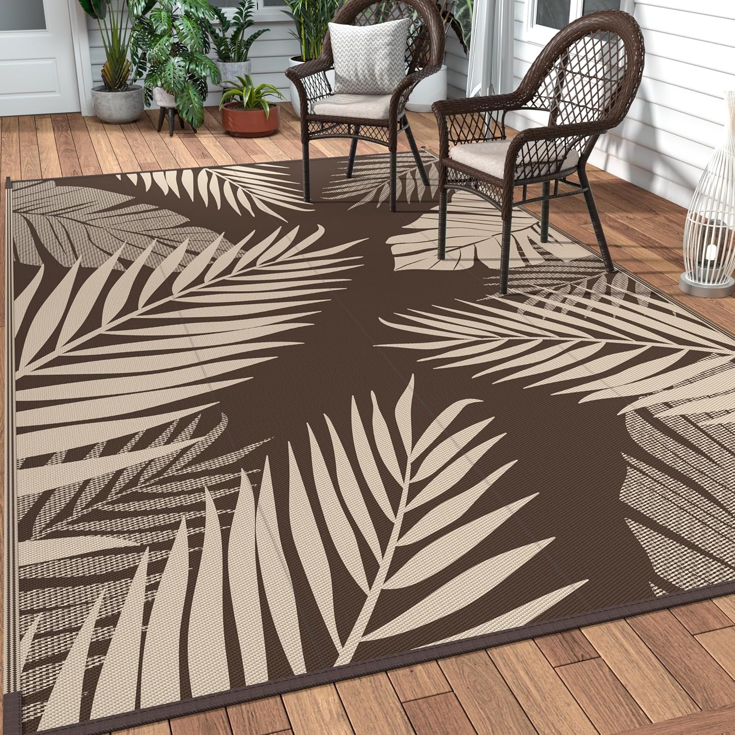 imageGENIMO Outdoor Rug 6 x 9 Waterproof for Patio Clearance Reversible Plastic Straw Camping Mat Lightweight Carpet for Rv Camper Deck Porch Picnic Balcony Beach KBlue amp WhiteCoffee Beige Waterproof