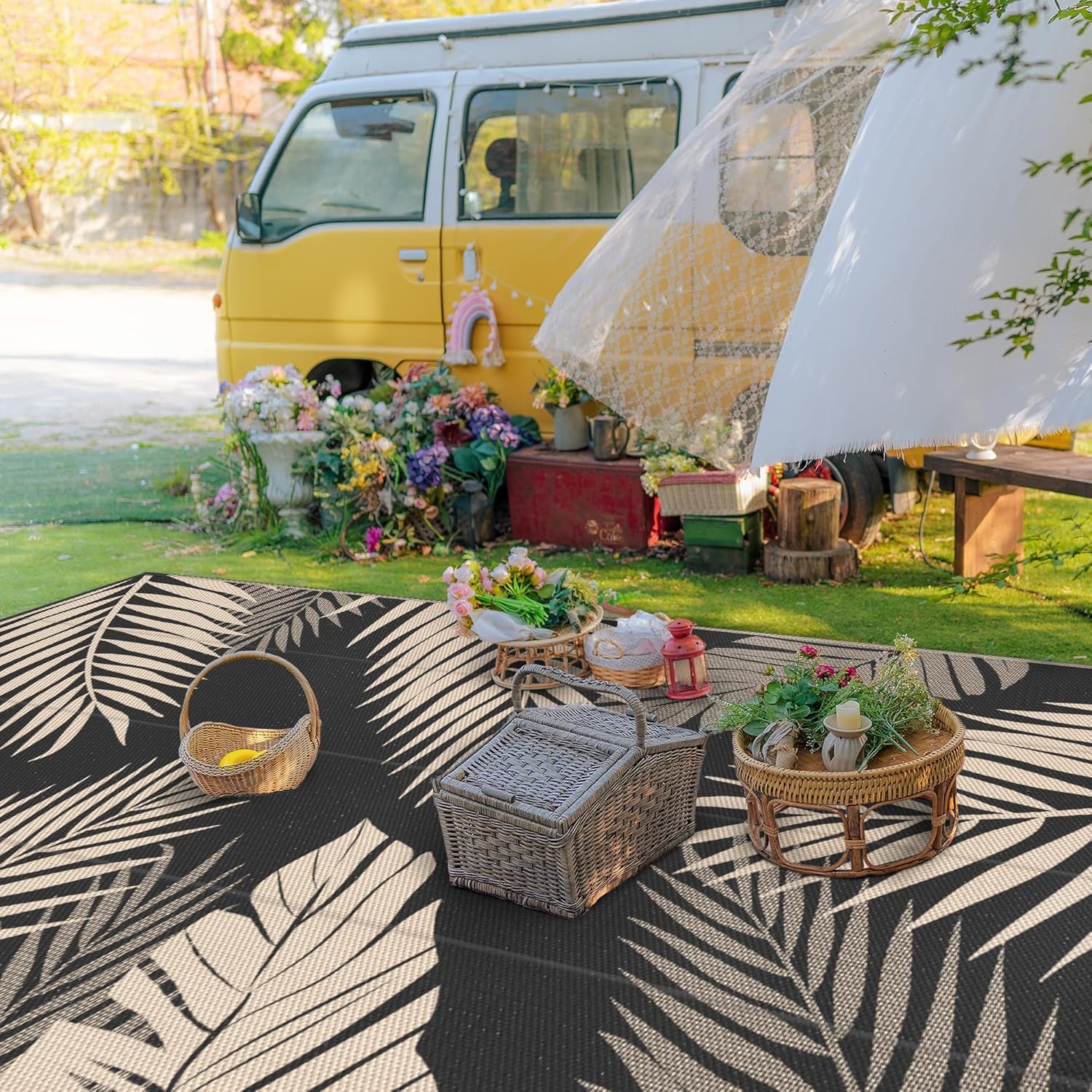 imageGENIMO Outdoor Rug 6 x 9 Waterproof for Patio Clearance Reversible Plastic Straw Camping Mat Lightweight Carpet for Rv Camper Deck Porch Picnic Balcony Beach KBlue amp WhiteBlack Beige Waterproof