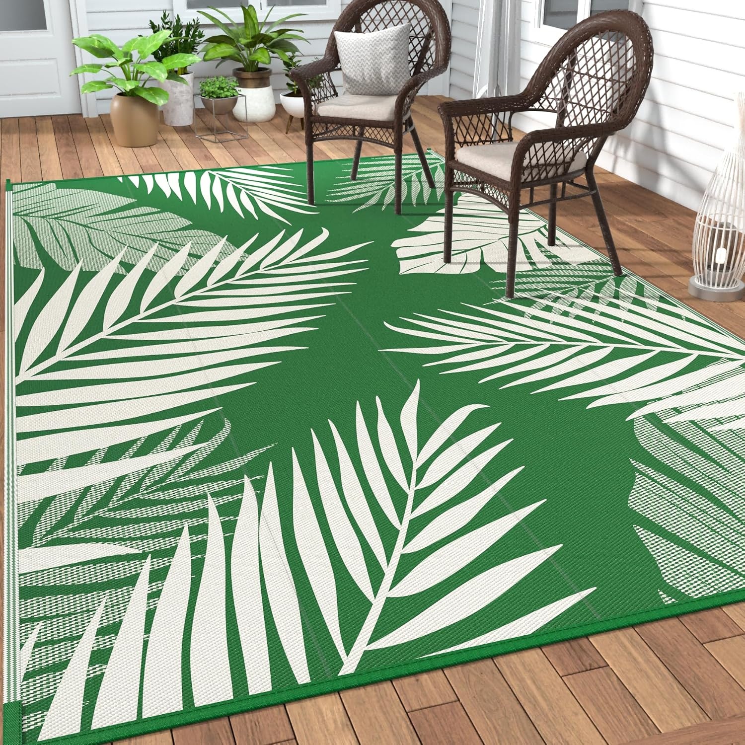 imageGENIMO Outdoor Rug 6 x 9 Waterproof for Patio Clearance Reversible Plastic Straw Camping Mat Lightweight Carpet for Rv Camper Deck Porch Picnic Balcony Beach KBlue amp WhiteDarkgreen White Waterproof