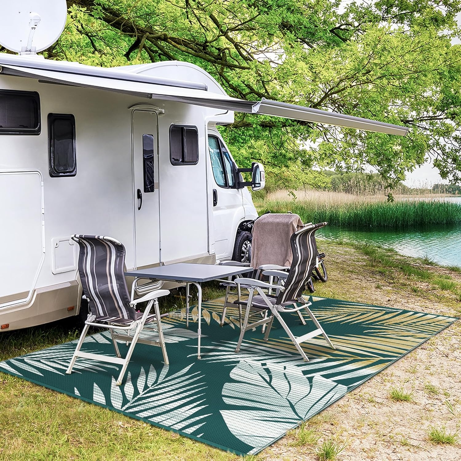 imageGENIMO Outdoor Rug 6 x 9 Waterproof for Patio Clearance Reversible Plastic Straw Camping Mat Lightweight Carpet for Rv Camper Deck Porch Picnic Balcony Beach KBlue amp WhiteYellow Green Waterproof