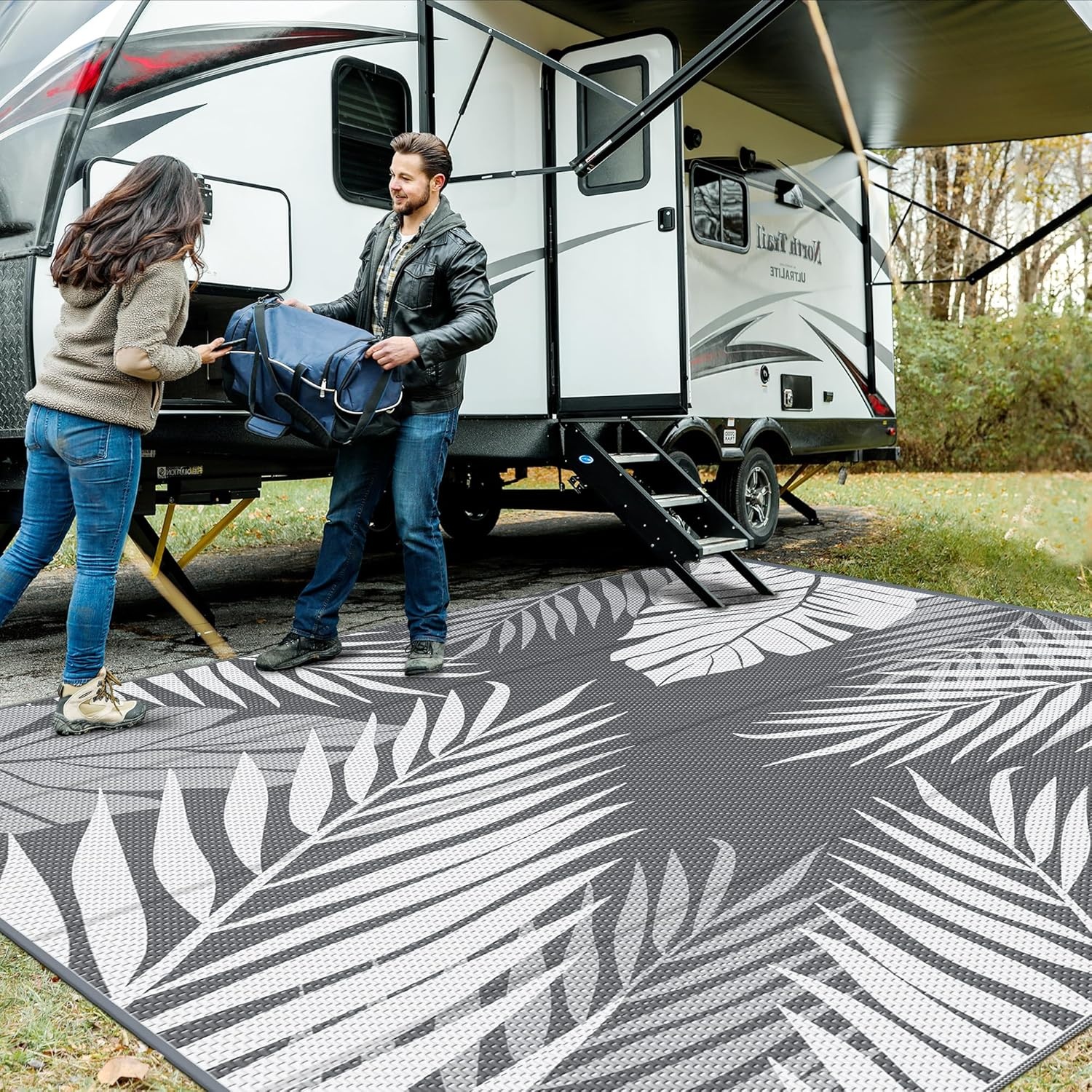 imageGENIMO Outdoor Rug 6 x 9 Waterproof for Patio Clearance Reversible Plastic Straw Camping Mat Lightweight Carpet for Rv Camper Deck Porch Picnic Balcony Beach KBlue amp WhiteGrey White Waterproof