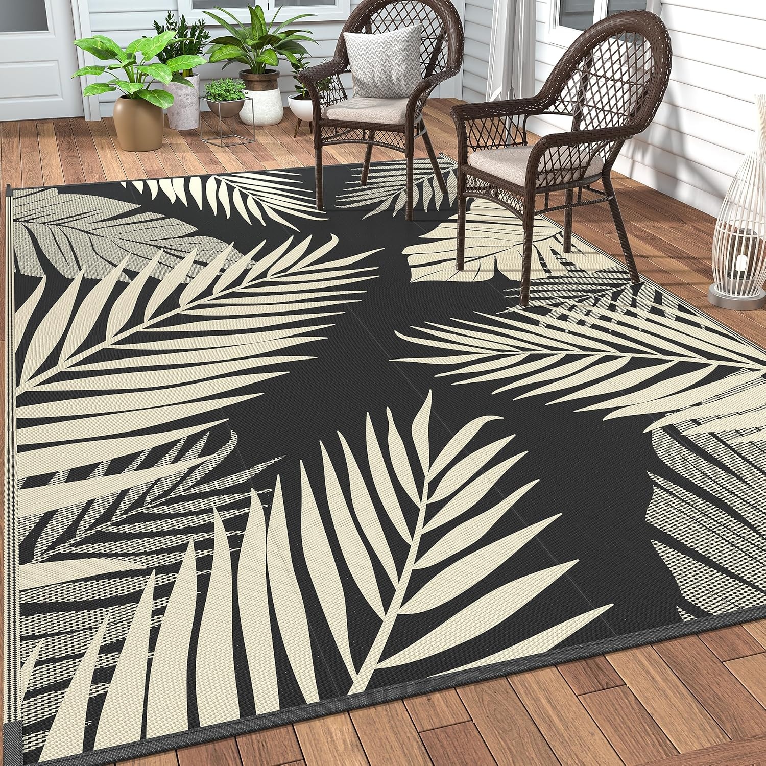 imageGENIMO Outdoor Rug 6 x 9 Waterproof for Patio Clearance Reversible Plastic Straw Camping Mat Lightweight Carpet for Rv Camper Deck Porch Picnic Balcony Beach KBlue amp WhiteBlack Beige Waterproof