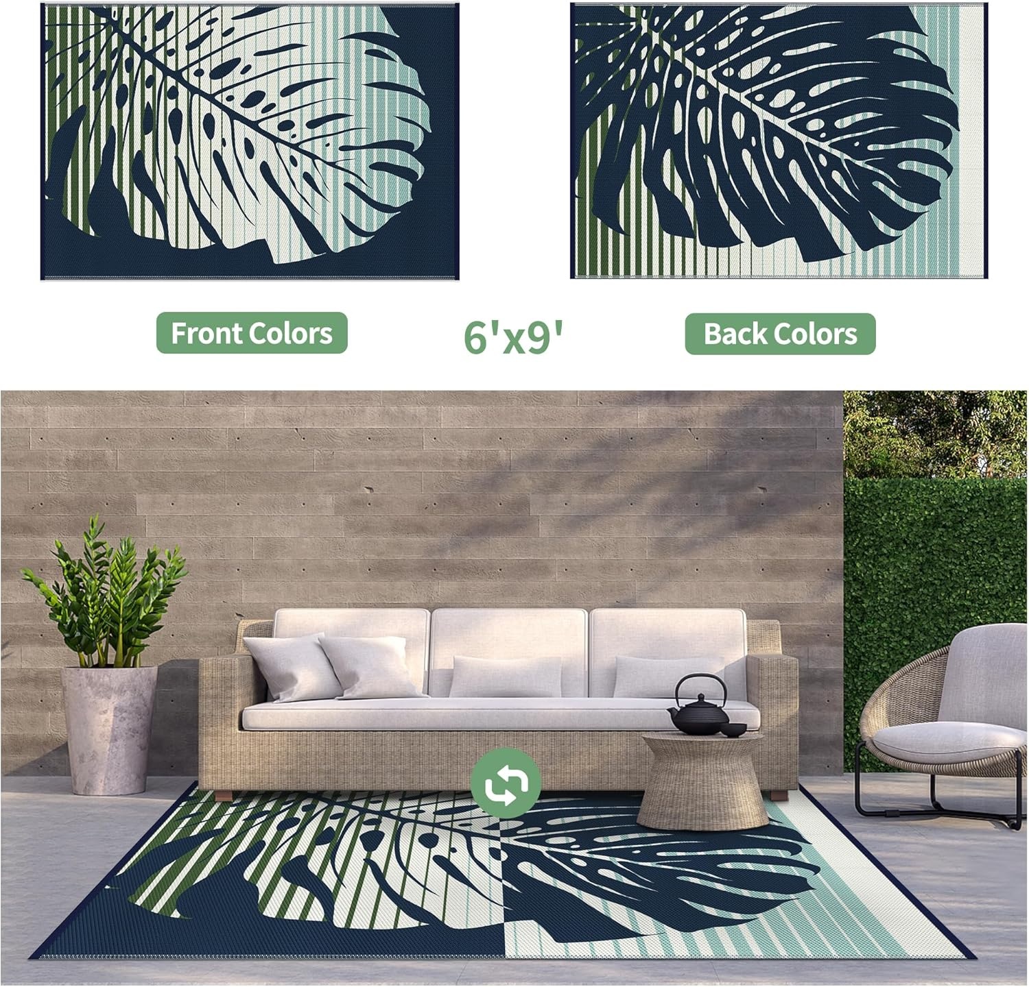 imageGENIMO Outdoor Rug 6 x 9 Waterproof for Patio Clearance Reversible Plastic Straw Camping Mat Lightweight Carpet for Rv Camper Deck Porch Picnic Balcony Beach KBlue amp WhiteJblue Green